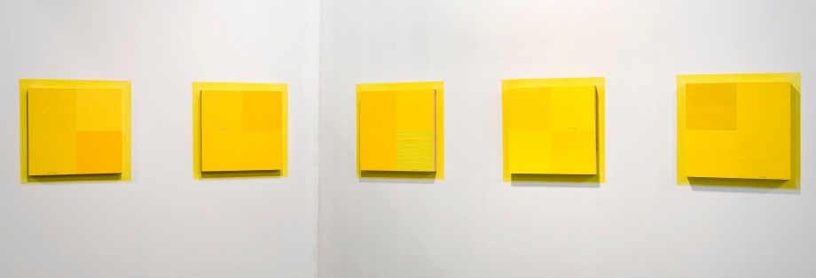 The Logic of Ambiguity / The Ambiguity of Logic (2001), an installation set of 5-16” x 16” acrylic on plywood panels with vinyl text on painted wall