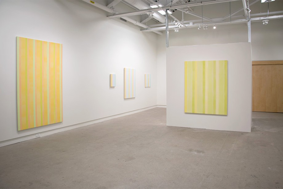 From left - # 5 in Gold (2012), acrylic on canvas, 84" x 54", partial view of Breathing Space Room (2013), 7 pieces, acrylic on canvas, varying sizes, Eternal Hope (2012), acrylic on canvas, 60" x 48"
