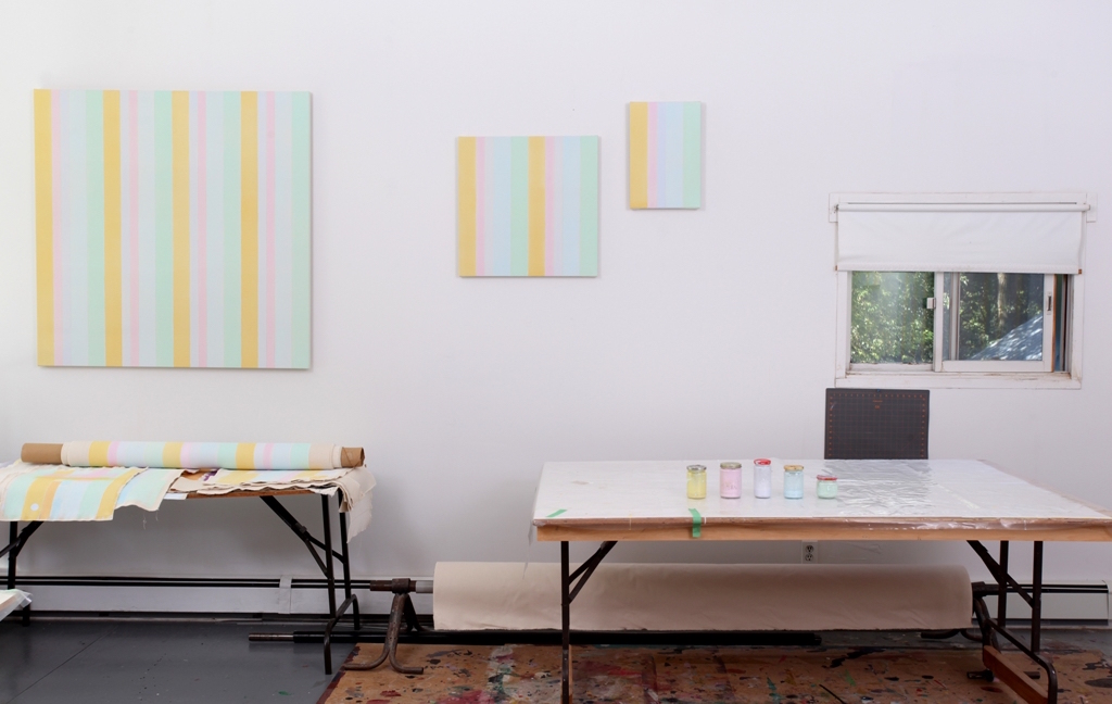 Breathing Space Room, 2013, acrylic on canvas, detail of studio installation, 3 of 7 pieces 